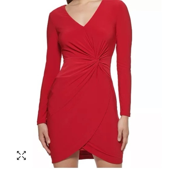 Guess Size 8 Bold Red Twist Front Bodycon Mini Dress | Long Sleeve V-Neck Fitted - Picture 1 of 14
